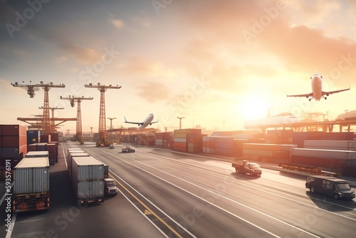 Logistics transportation. Import/export of cargo by ship, truck, and plane. Generative AI