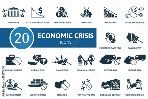 Economic crisis set. Creative icons: bank run, stock market crash, currency crisis, inflation, recession, economic bubble, exchange rate fall, bankruptcy, unemployment, corruption, sanctions