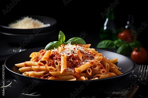 Penne pasta with tomato sauce, parmesan cheese, and basil on dark background. Generative AI