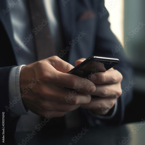 a man in a suit holding a mobile phone, close-up. Generative Ai