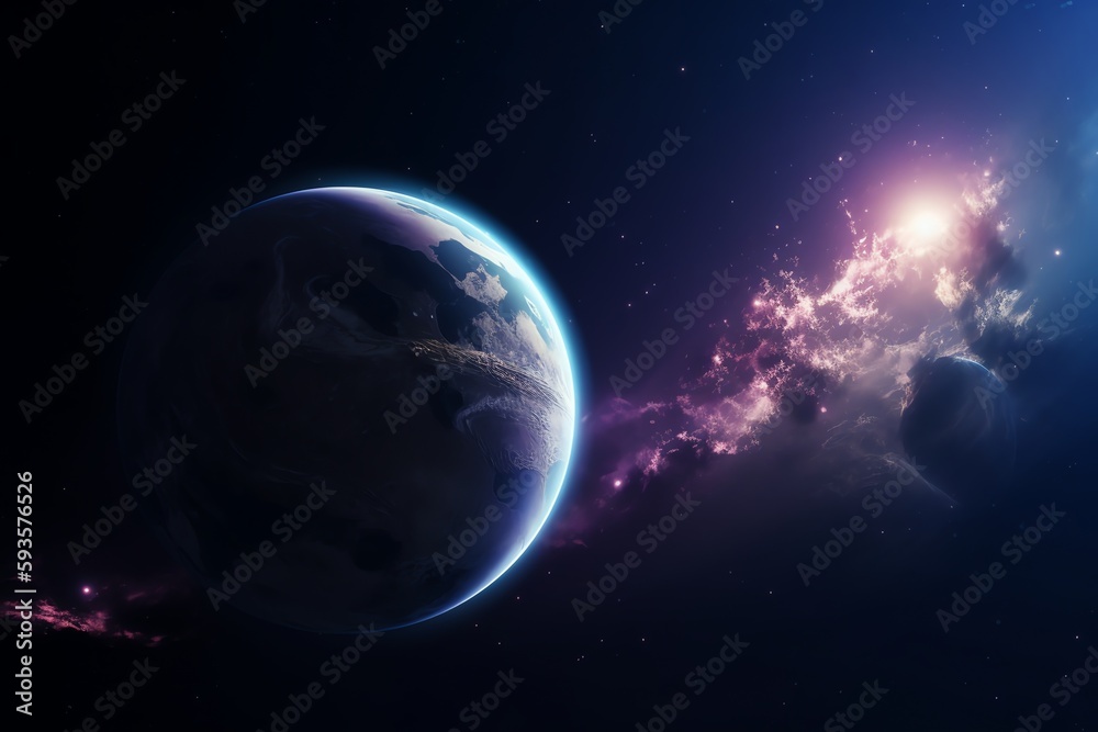 Purple space wallpaper of earth and moon. Generative AI