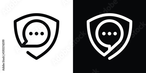 shield and chat logo design icon line vector illustration