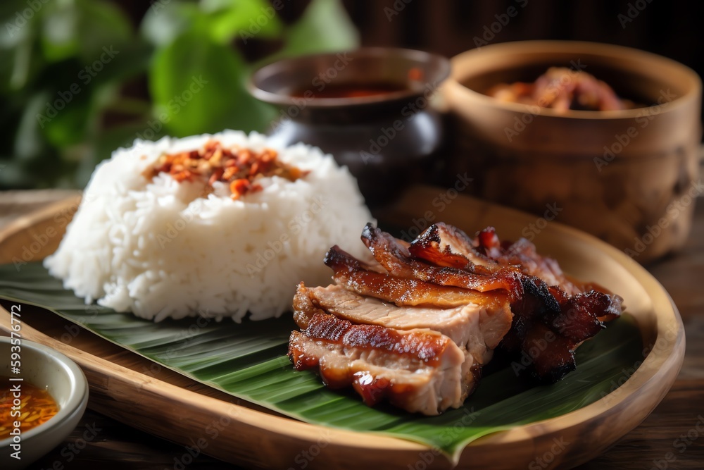 Thai sticky rice and grilled pork. Generative AI Thai sticky rice and grilled pork. Generative AI