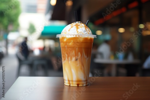 Sweet iced caramel latte in city center. Generative AI