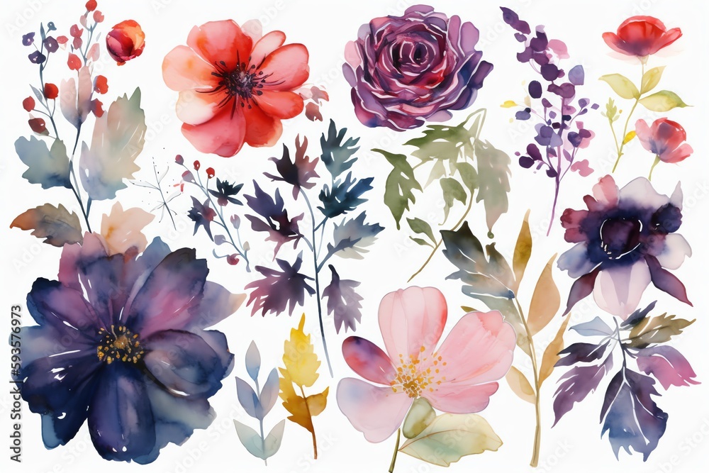 Watercolor floral elements set for invitations, fashion, etc. Generative AI