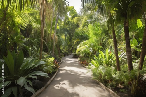 Tropical plants and trees on walkway. Generative AI
