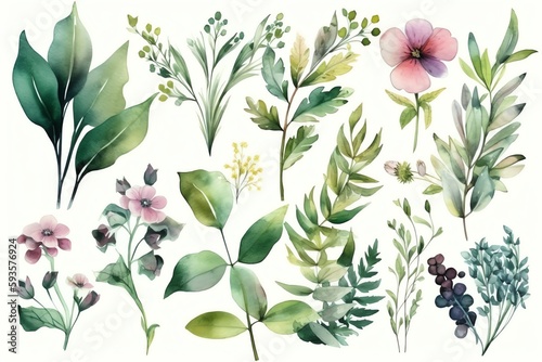 Watercolor floral illustrations with green leaves and flowers. Generative AI