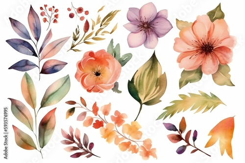 Watercolor floral elements set with leaves and flowers. Generative AI