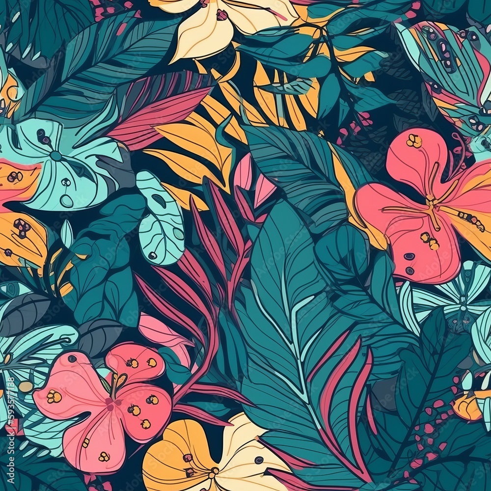 organize of a tropical work of craftsmanship, with multicolored hand drawn components and inquisitively establishment . Seamless pattern, AI Generated