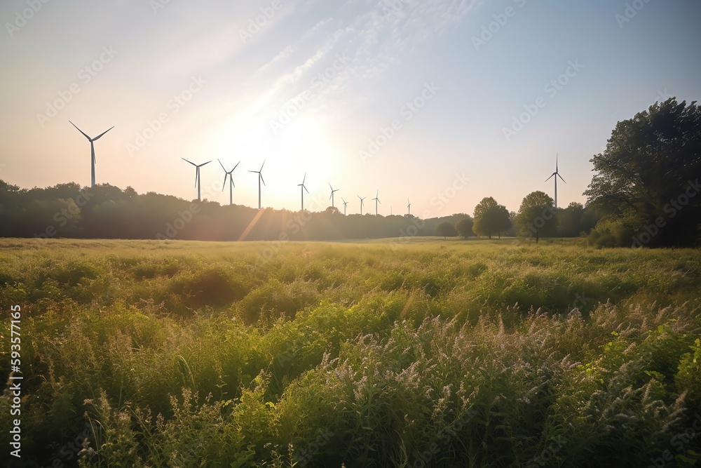 Wind turbines in agricultural field. Generative AI Wind turbines in agricultural field. Generative AI