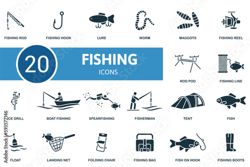 Fishing set. Creative icons: fishing rod, fishing hook, lure, worm, maggots, fishing reel, rod pod, fishing line, ice drill, boat fishing, spearfishing, fisherman, tent, fish, float, landing net