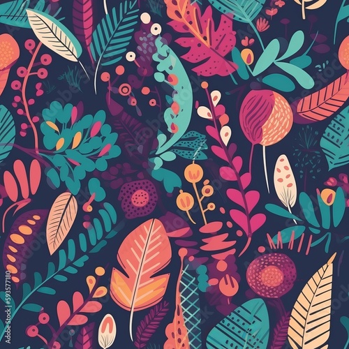 organize of a tropical work of craftsmanship, with multicolored hand drawn components and curiously foundation . Seamless pattern, AI Generated © BLACK AND WHITE LOGO