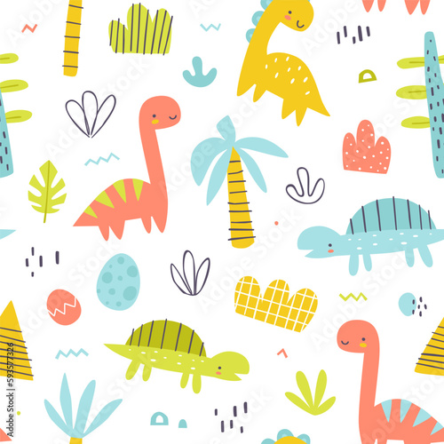 Cute jurassic pattern with dino and plants. Seamless colorful vector print with abstract dinosaurs for baby textile.