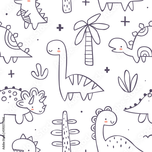 Outline doodle jurassic pattern with cute dino. Seamless drawn vector print with dinosaurs for baby textile.