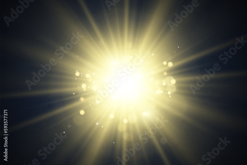 Special lens flash  light effect. The flash flashes rays and searchlight. illust.White glowing light. Beautiful star Light from the rays. The sun is backlit. Bright beautiful star. Sunlight. Glare.  