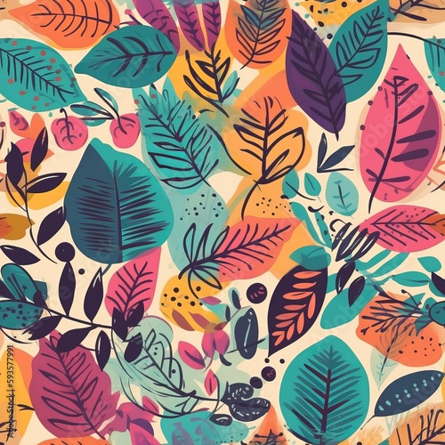 Summer botanical coordinate looking like unfinished watercolors, come full circle for materials and change . Seamless pattern, AI Generated