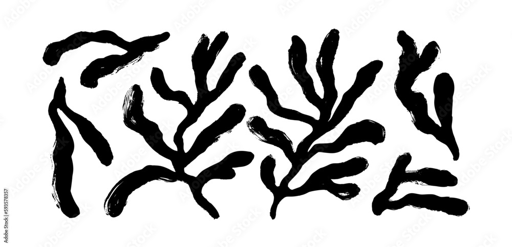 Organic shapes corals in Matisse style. Brush drawn organic shapes isolated on white background. Vector contemporary botanical branches collection. Abstract matisse inspired floral elements. Organic shapes corals in Matisse style. Brush drawn organic shapes isolated on white background. Vector contemporary botanical branches collection. Abstract matisse inspired floral elements.