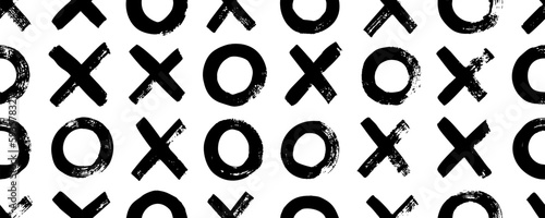Seamless pattern with cross marks and circles. Abstract simple geometric background with x and o. Geometric wrapping paper, textile vector fill. Hand drawn brush strokes. Tile x o noughts and crosses.