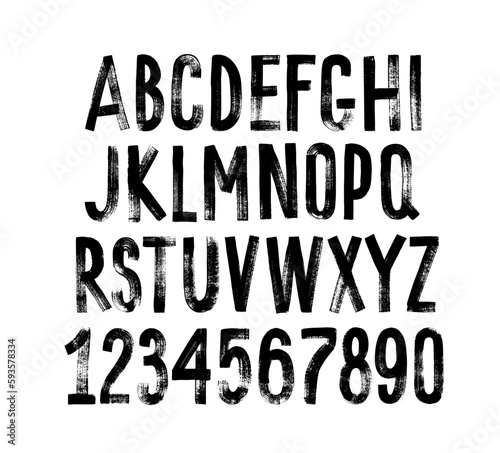 Grunge alphabet with capital letters. Dirty textured vector font. Typographic distressed font with dry brush strokes. Hand drawn characters with a rough inked texture. Numbers and letters.