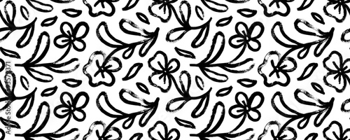 Hand drawn black paint chamomiles seamless pattern. Ink drawing abstract flowers and leaves in naive style, childish or primitive drawing. Black and white vector botanical decorative ornament.