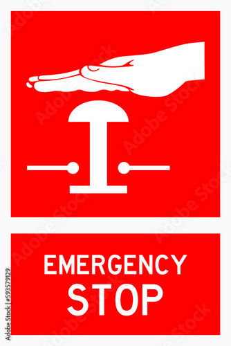 isolated emergency stop push Botton, fire safety symbols on red rectangle board notification sign for pictograms, icon, label, logo or package industry etc. flat style vector design.