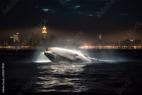 White humpback whale breaching on Hudson River in front of New york city illuminated skyscrapers at night illustration generative ai photo