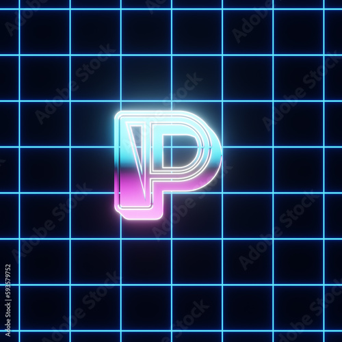 Retro Eighties style alphabet. Letter P reflecting Neon colored light against black background with light emitting neon wireframe.
