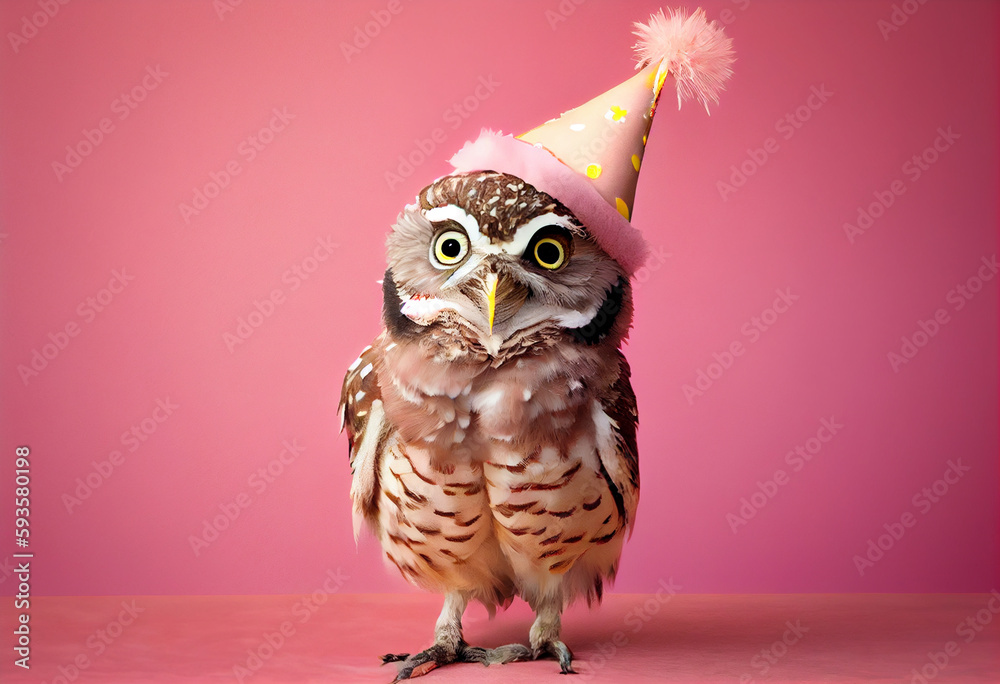 Birthday card desing template, cute owl bird with party hat on pastel ...