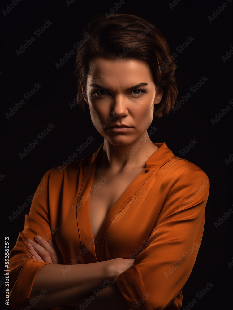 Young woman with a frown and angry expression posing with her arms crossed - ai generative Young woman with a frown and angry expression posing with her arms crossed - ai generative
