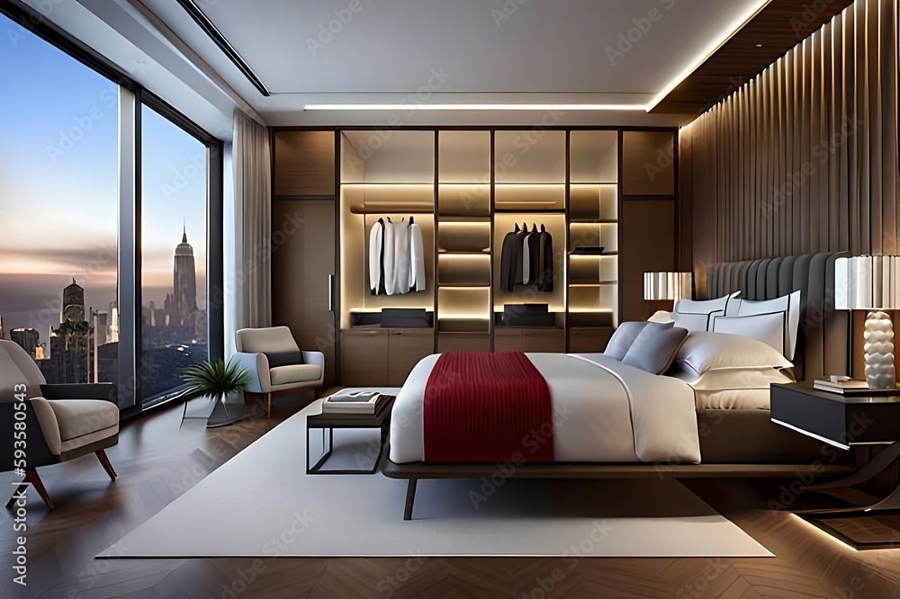 Naklejka premium A depiction of a luxurious penthouse bedroom, elegantly illuminated by the soft glow of nighttime, capturing the opulence and sophistication of the space.