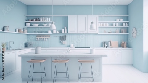 Large Kitchen in blue pastel colors. Minimalist modern interior design for mockup. Generative AI. © Kai Alves