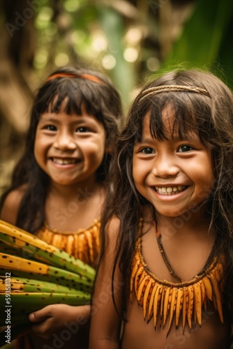 Authentic Amazonian Joy: Indigenous Little Girls and Boys with Banana Leaves, indigenas crianças ribieirinhos do amazonas, GENERATIVE AI photo