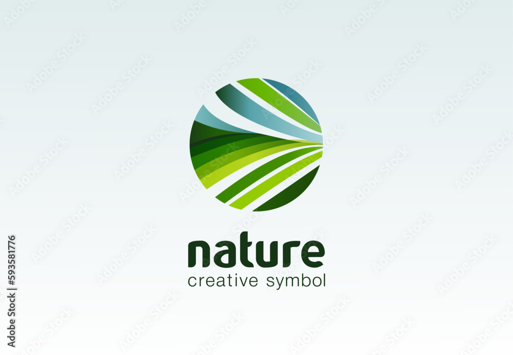 Nature care creative symbol. Field bio plantation, eco green farm concept. Herbal health abstract business logo. Fresh organic food, agriculture circle icon. Company logotype, brand, graphic design Nature care creative symbol. Field bio plantation, eco green farm concept. Herbal health abstract business logo. Fresh organic food, agriculture circle icon. Company logotype, brand, graphic design