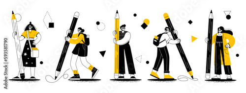 Flat students stand and hold a pencil. Men and women study and write. Education and training