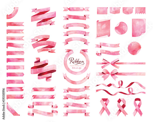 Set of red Ribbons, bows, banners, flags. Vector ribbon series. watercolor style