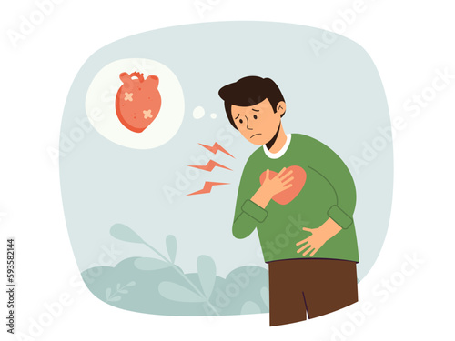 Heart disease concept. Man with heart attack or heartache symptom. Heart blemish, a scar on the heart. Man with sharp pain in his chest, sign of serious illness. Reason to see a doctor.