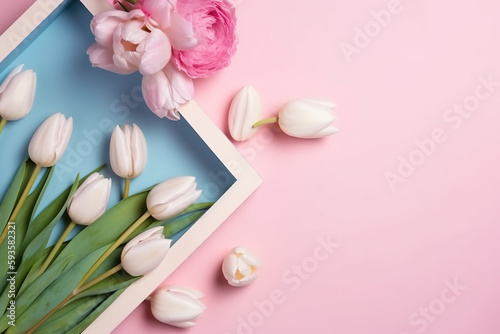 Birthday  valentines  wedding  mothers day. Tulips  present box. Festive. Copy space. Top view concept. Pink and blue. 
