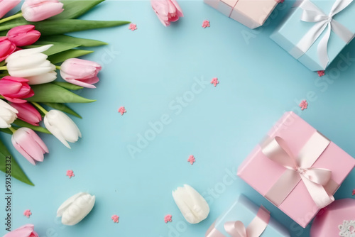 Birthday, valentines, wedding, mothers day. Tulips, present box. Festive. Copy space. Top view concept. Pink and blue. 