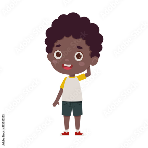 Cute little kid african boy confused. Cartoon schoolboy character show facial expression. Vector illustration
