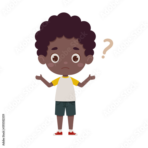 Cute little kid african boy confused with question mark. Cartoon schoolboy character show facial expression. Vector illustration
