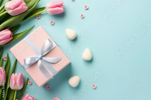 Fototapeta Naklejka Na Ścianę i Meble -  Birthday, valentines, wedding, mothers day. Tulips, present box. Festive. Copy space. Top view concept. Pink and blue. 