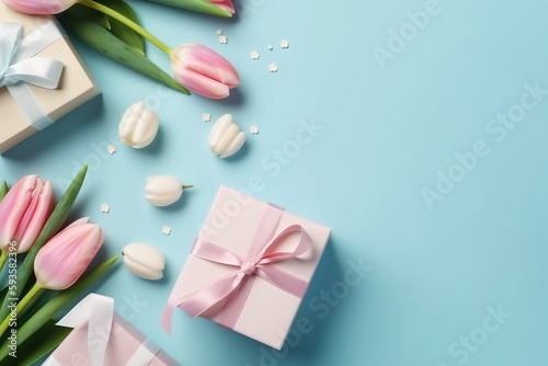 Birthday, valentines, wedding, mothers day. Tulips, present box. Festive. Copy space. Top view concept. Pink and blue.  © colacino.art