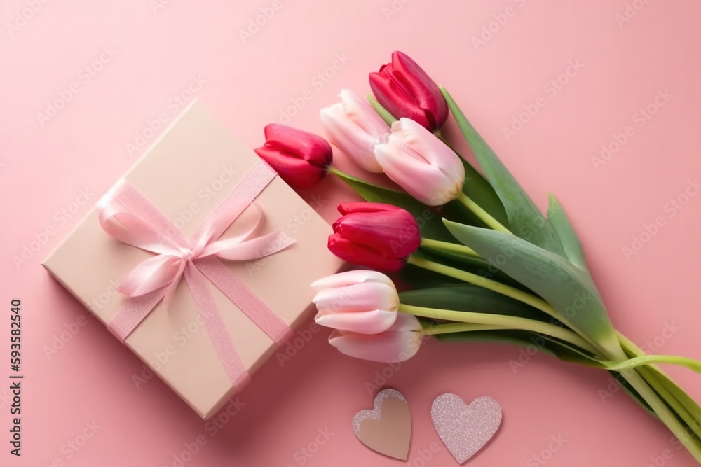 Birthday, valentines, wedding, mothers day. Tulips, present box. Festive. Copy space. Top view concept. Pink and blue. Birthday, valentines, wedding, mothers day. Tulips, present box. Festive. Copy space. Top view concept. Pink and blue.