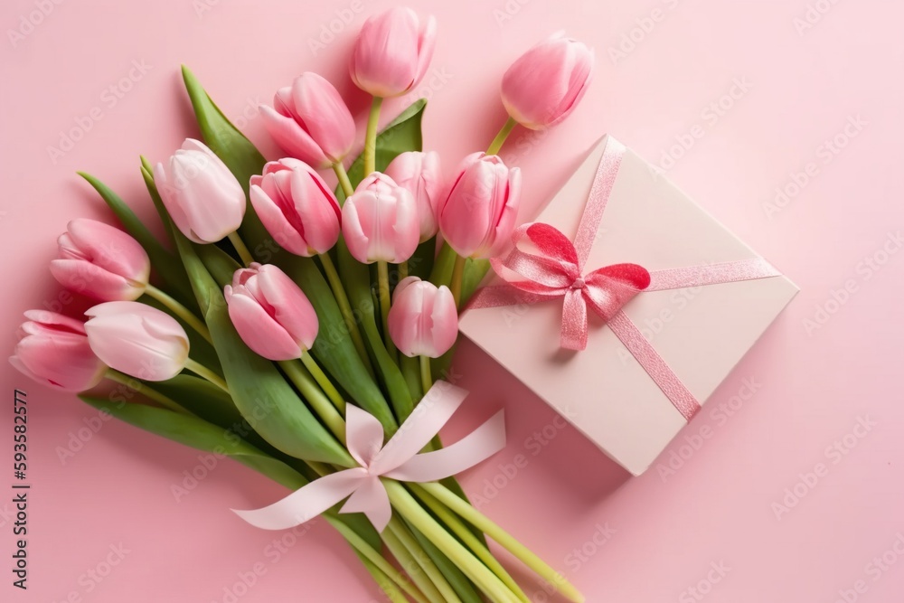 Fototapeta premium Birthday, valentines, wedding, mothers day. Tulips, present box. Festive. Copy space. Top view concept. Pink and blue. 