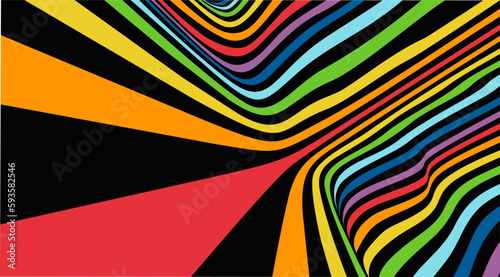 3D color rainbow lines on black, perspective, digital abstract elements vector background. Linear striped spectrum illustration, art dynamic wallpaper. Internet, network connection colorful concept