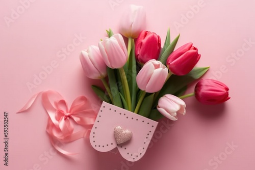 Fototapeta Naklejka Na Ścianę i Meble -  Birthday, valentines, wedding, mothers day. Tulips, present box. Festive. Copy space. Top view concept. Pink and blue. 