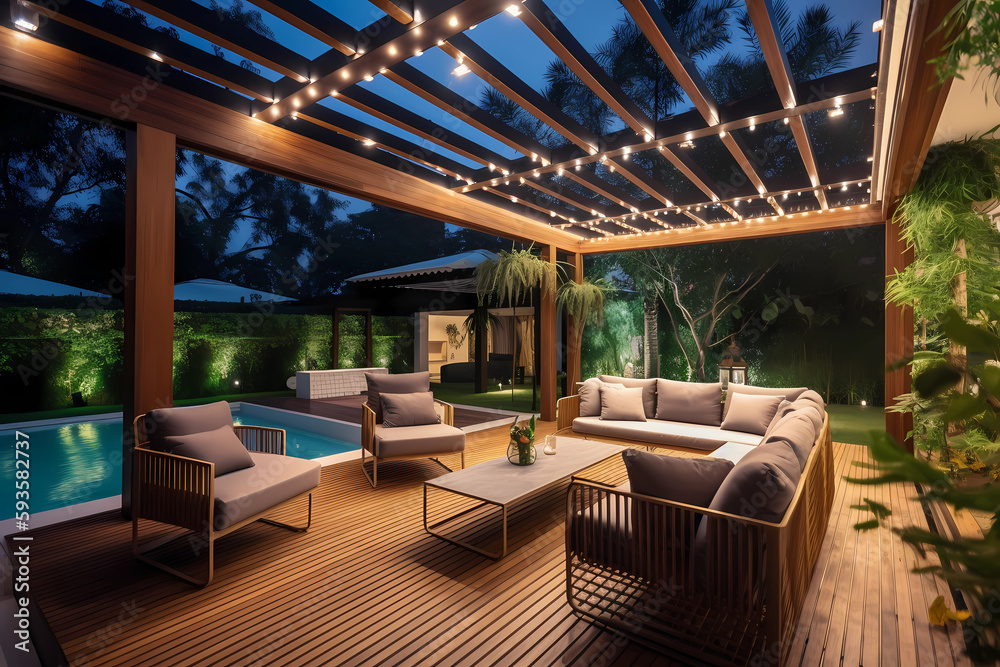 Fototapeta premium Illustration of wooden terrace with swimming pool, cozy summer atmosphere, created with Generative AI technology.