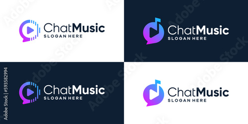 Collection of chat logo design with play video button and note music graphic design vector illustration. Symbol online music, icon, creative.