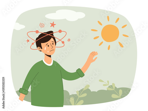Healthcare concept of exhausted, sunburn, summer day, high temperature. Heat stroke symptoms high body temperature, sweat, perspire, headache, red skin, dehydration. Isolated vector illustration.