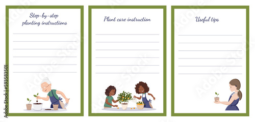 Set of cute cards for step by step planting instructions, care information, useful tips. Home garden, hobby time. Home decor and gardening concept. Isolated vector illustration in cartoon style